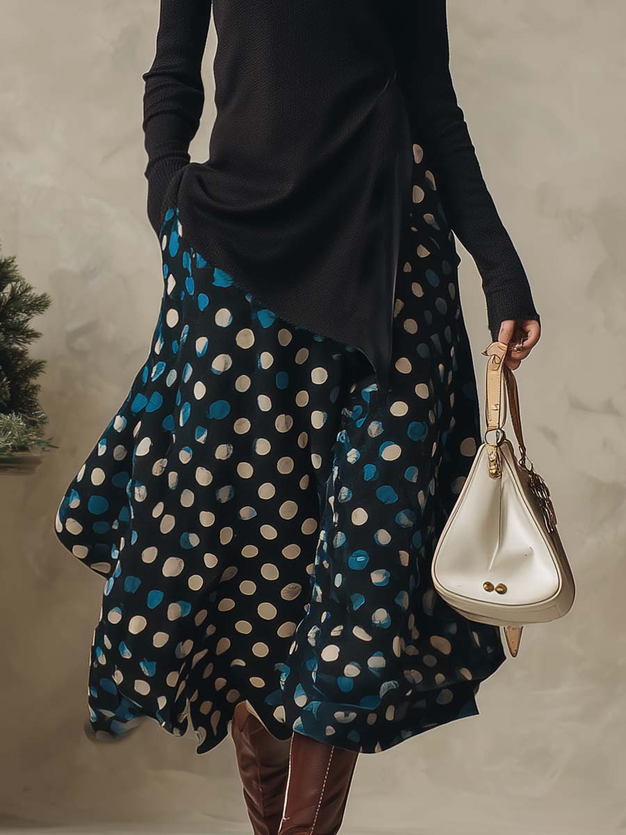 Chic women's two-piece outfit featuring a black polka dot skirt and knitted top set