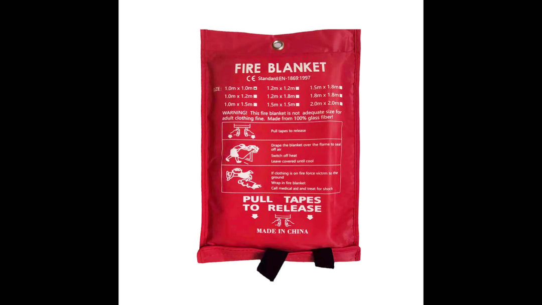 Folded emergency fire safety blanket shown next to its protective storage pouch