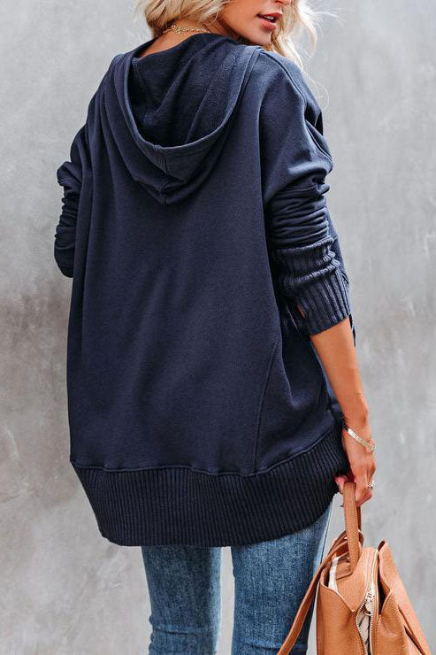 Close up of drawstring hood on womens casual sweatshirt