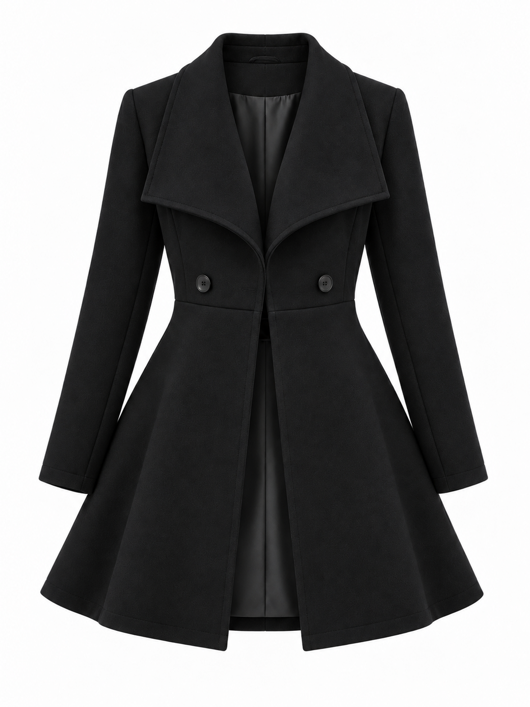 Close-up of the shoulder seam and structured tailoring of the coat