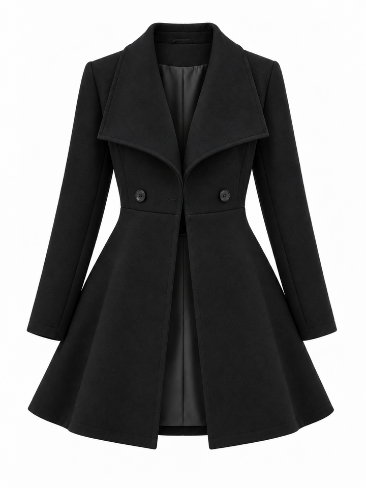 Close-up of the shoulder seam and structured tailoring of the coat