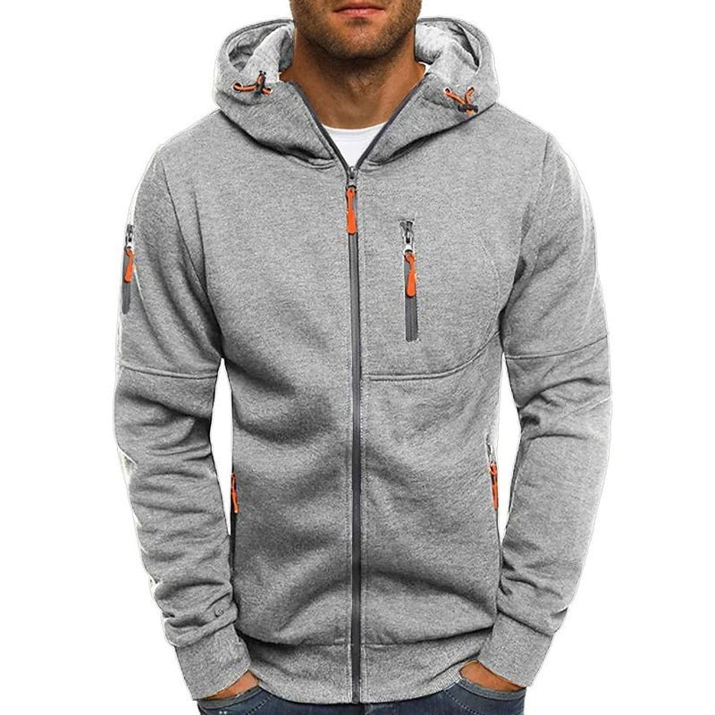 Detail shot of the ribbed cuffs and hem on men's comfortable zip-up jacket