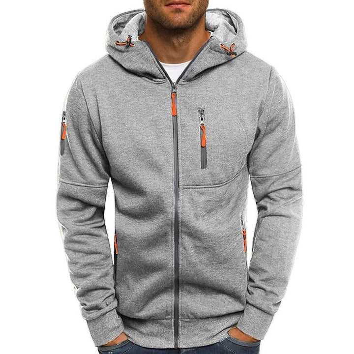 Detail shot of the ribbed cuffs and hem on men's comfortable zip-up jacket