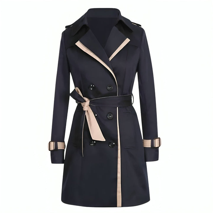 Classic khaki womens long belted trench coat showcasing buttons and lapels