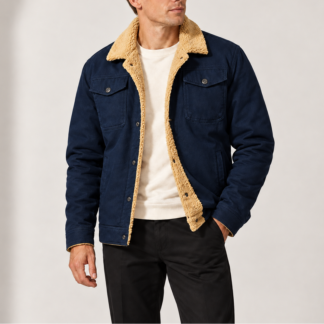 Close-up of warm fleece collar detail on casual mens winter jacket