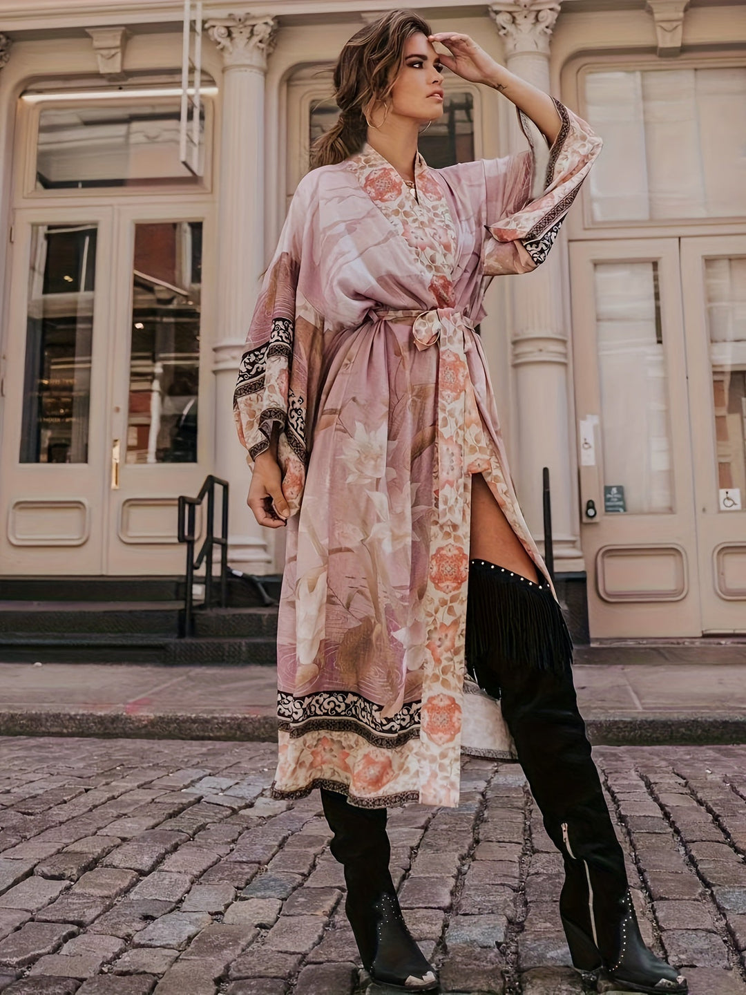 Back view of womens boho floral kimono beach cover-up in summer fashion