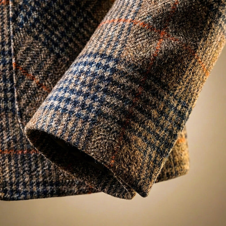 Mens brown checked tailored blazer featuring classic notch lapels for office wear