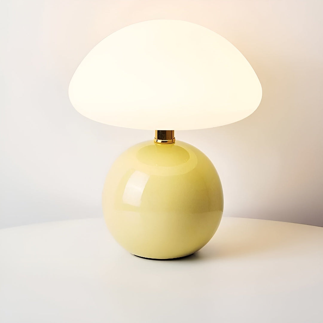 Close-up of the stylish mushroom lamp showing sleek curves and cozy bedside lighting