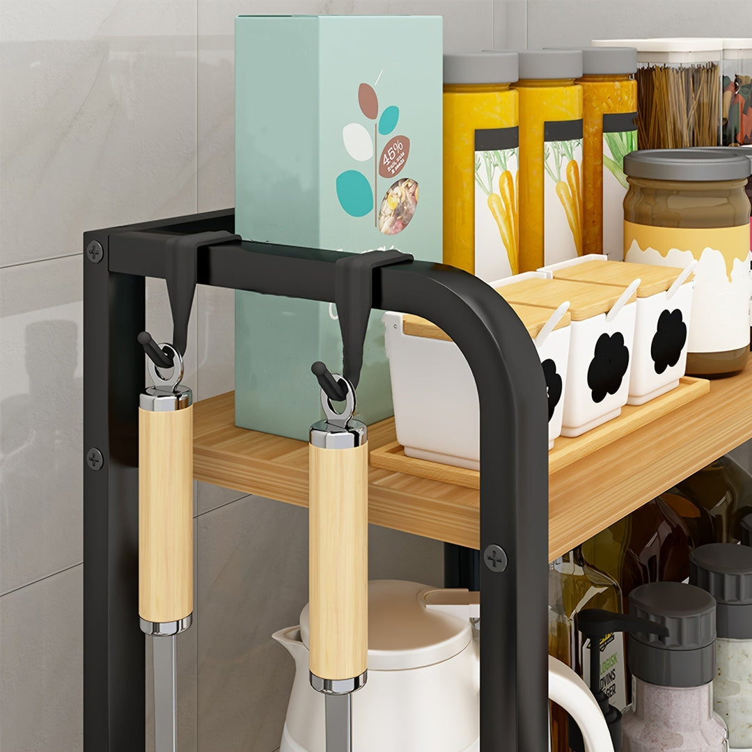 Side angle of stainless steel kitchen organizer displaying spice rack capacity