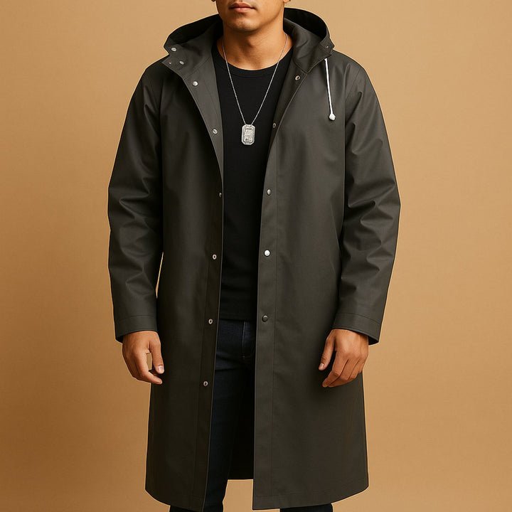 Man wearing Everett men's waterproof hooded long rain jacket in black front view
