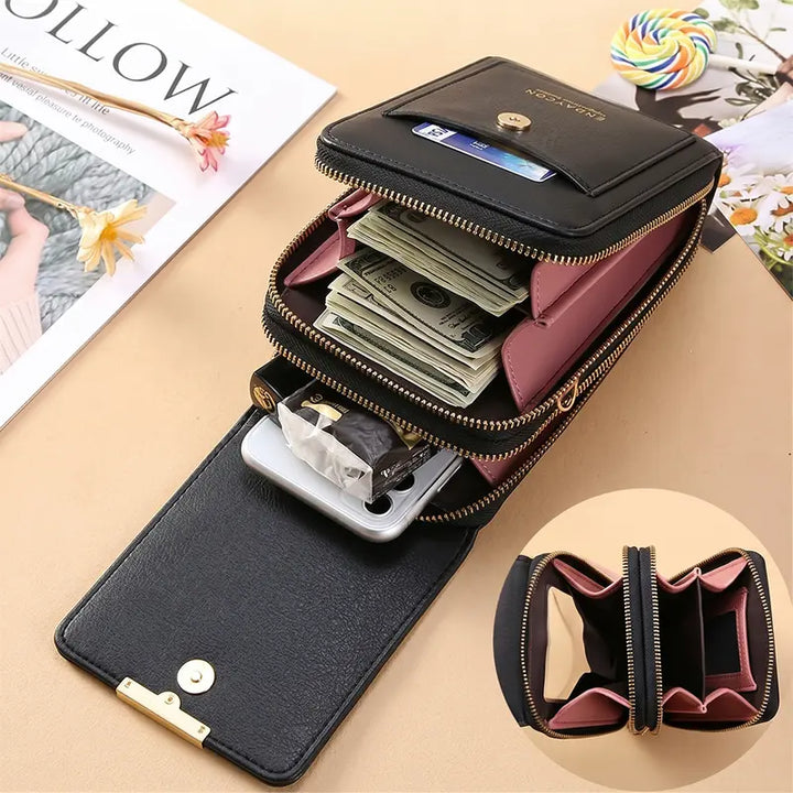Women's black crossbody phone bag open displaying cash and card slots