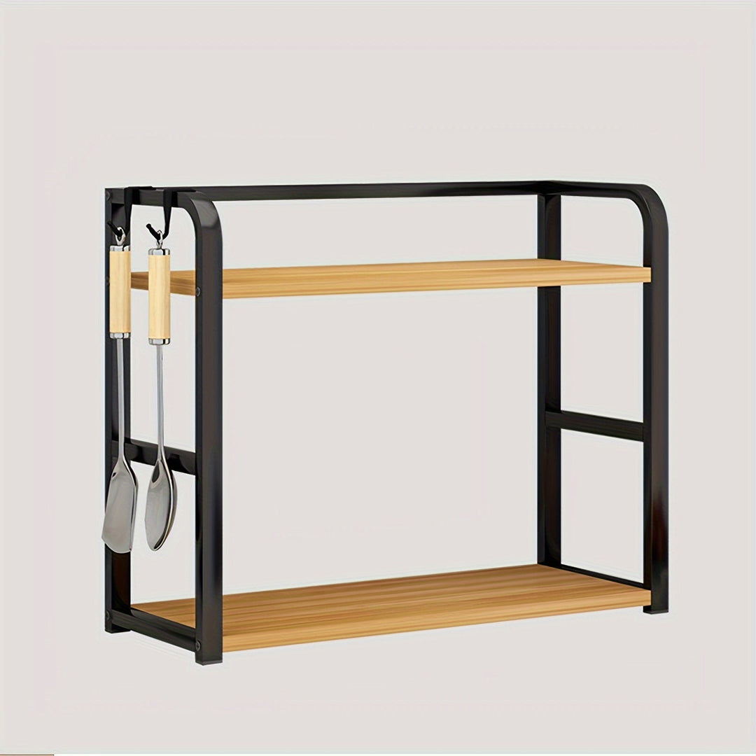 Close up of black stainless steel kitchen shelf for home organization and spice storage