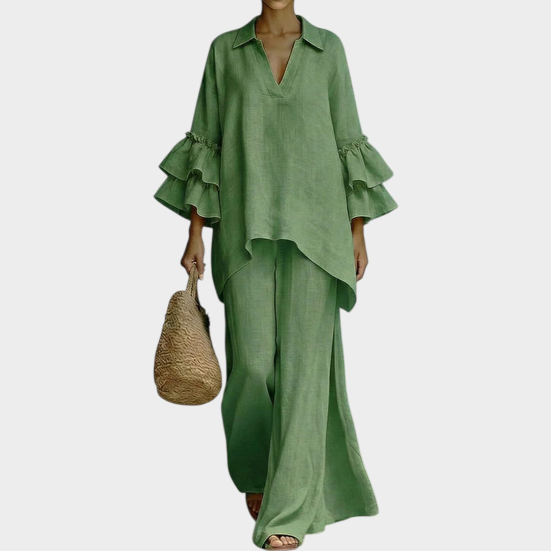 Full length shot of stylish womens two piece outfit ideal for vacation and casual wear