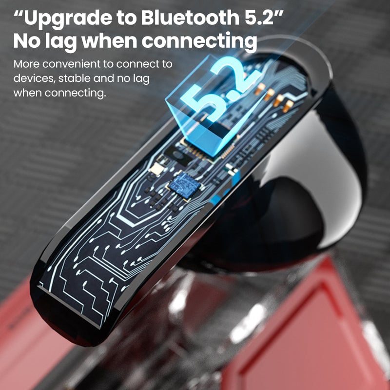 Green touch control wireless earphone displayed in open case