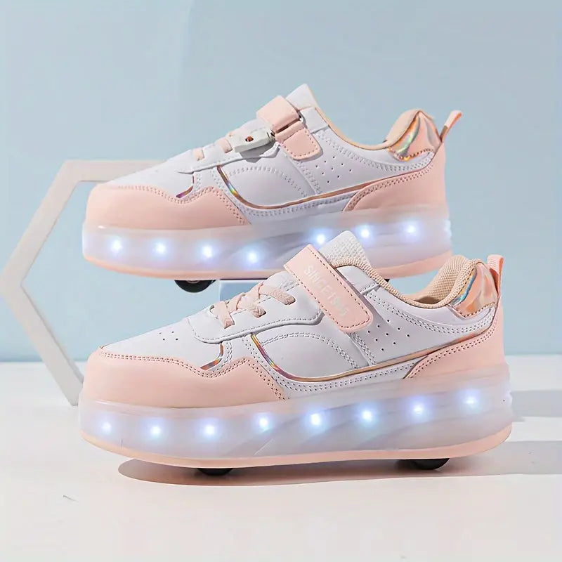 Angle shot of purple active play roller shoes resting on a neutral background