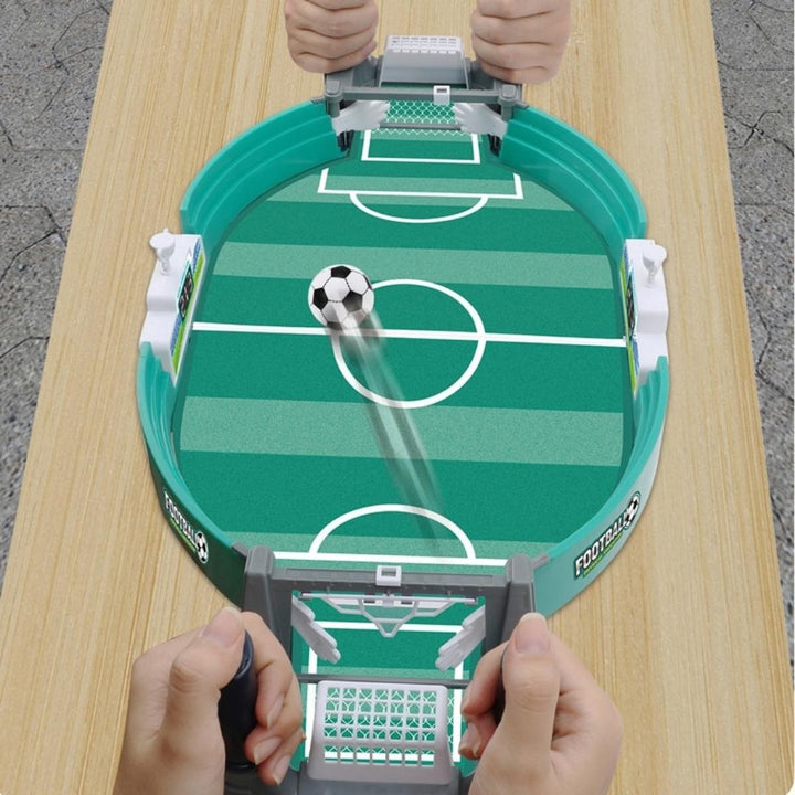 Durable wooden mini football table showing vibrant field graphics and goal boxes