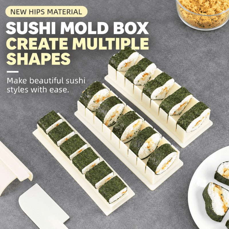 Essential kitchen gadgets including a plastic sushi press and mold