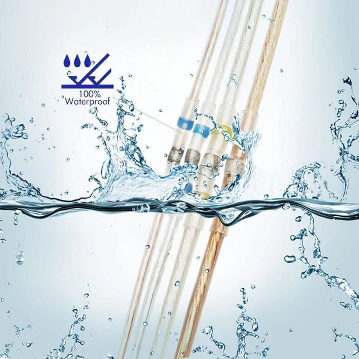 Waterproof solder wire connectors submerged in water showing 100 percent waterproof rating