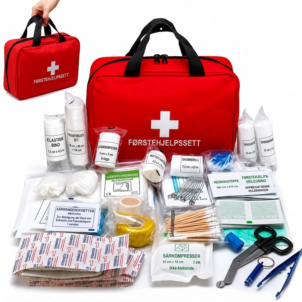 Comprehensive 160-piece family first aid kit with red waterproof bag and medical supplies displayed.