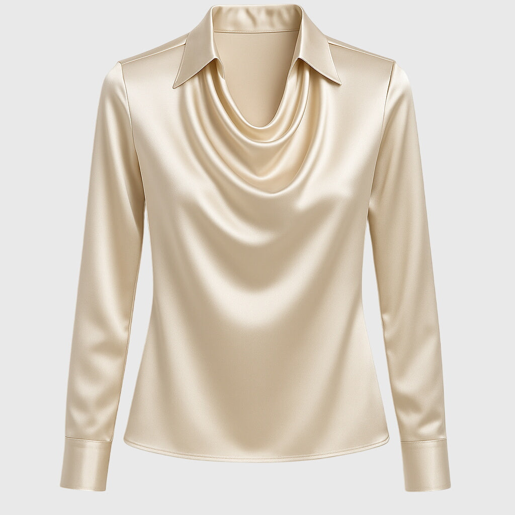 Full length view of women's pleated neckline blouse styled for chic fashion
