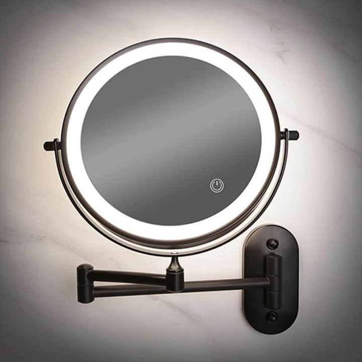 Close-up of the illuminated LED magnifying mirror with touch power button