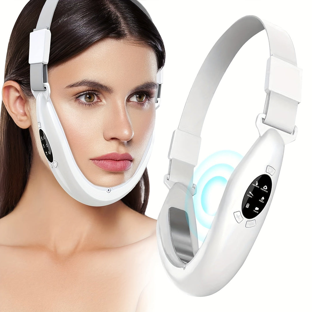 Woman wearing white V-line facial massager next to device product shot