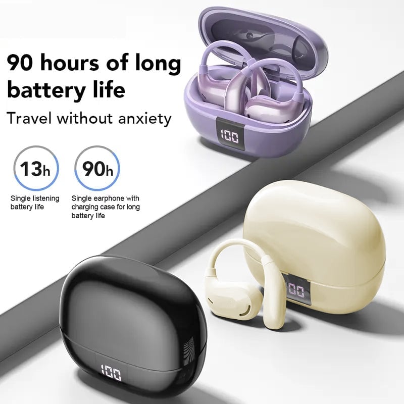 Purple, black, and beige wireless headphones with charging cases