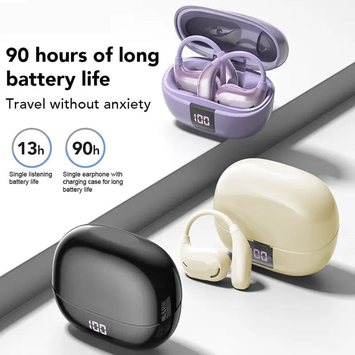 Purple, black, and beige wireless headphones with charging cases