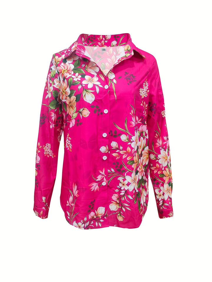 Front view of the pink floral collared long sleeve blouse laid flat on a white background