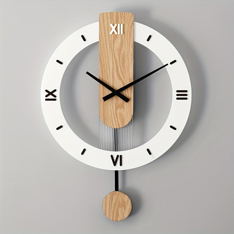 Roman numeral wooden and acrylic pendulum wall clock mounted on a grey wall