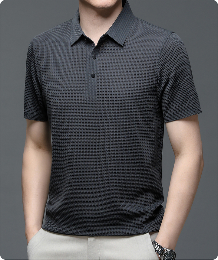 Hanging view of lightweight men's button-up polo