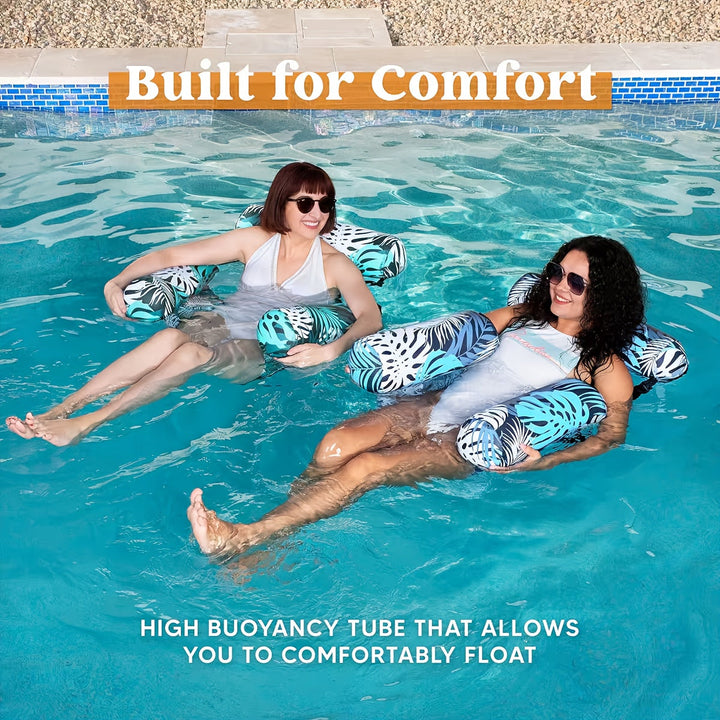 Two women relaxing comfortably on water hammock pool floats in a swimming pool