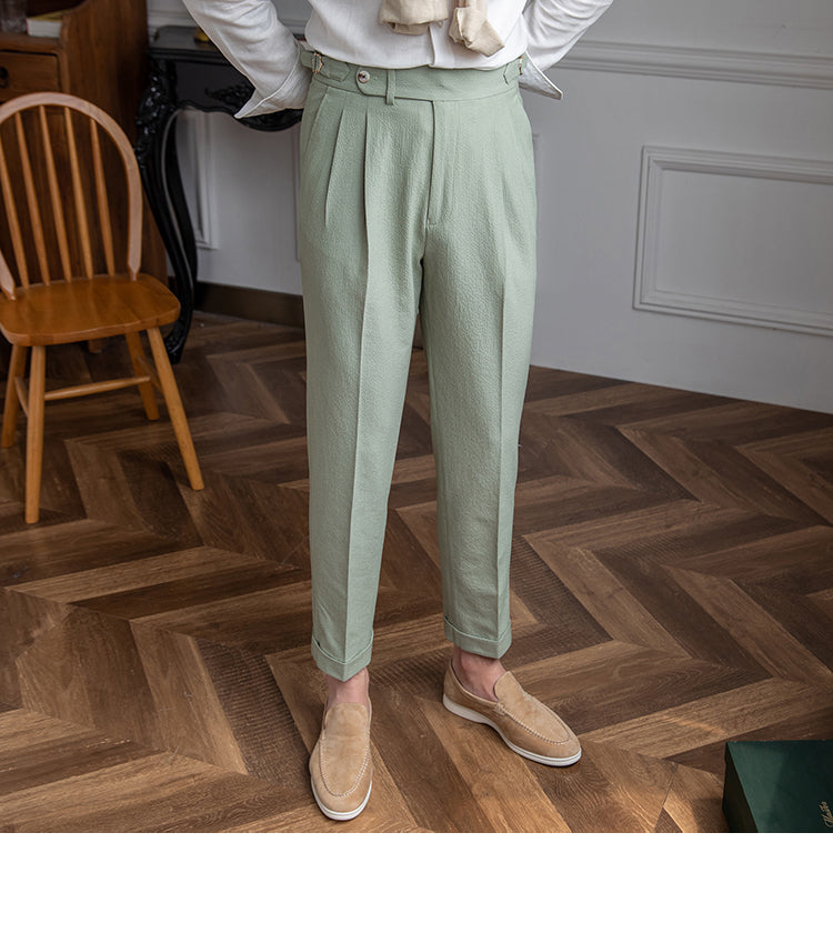Back view of men's smart casual dress pants tailored in a modern cropped cut