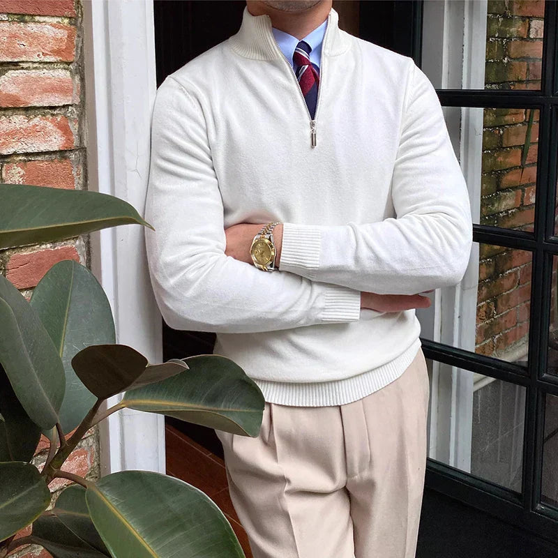 Close-up view of knit texture on men's quarter zip layering sweater