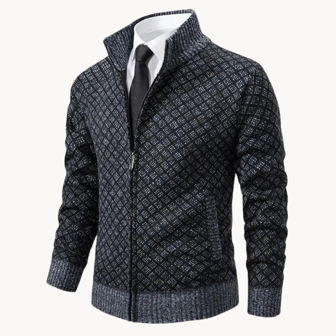 Men's full-zip stand collar sweater jacket in dark grey knit