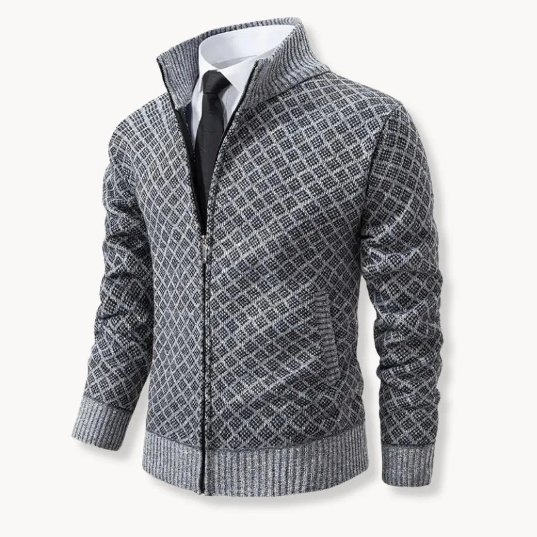 Mens full-zip stand collar sweater jacket in textured knit for casual wear