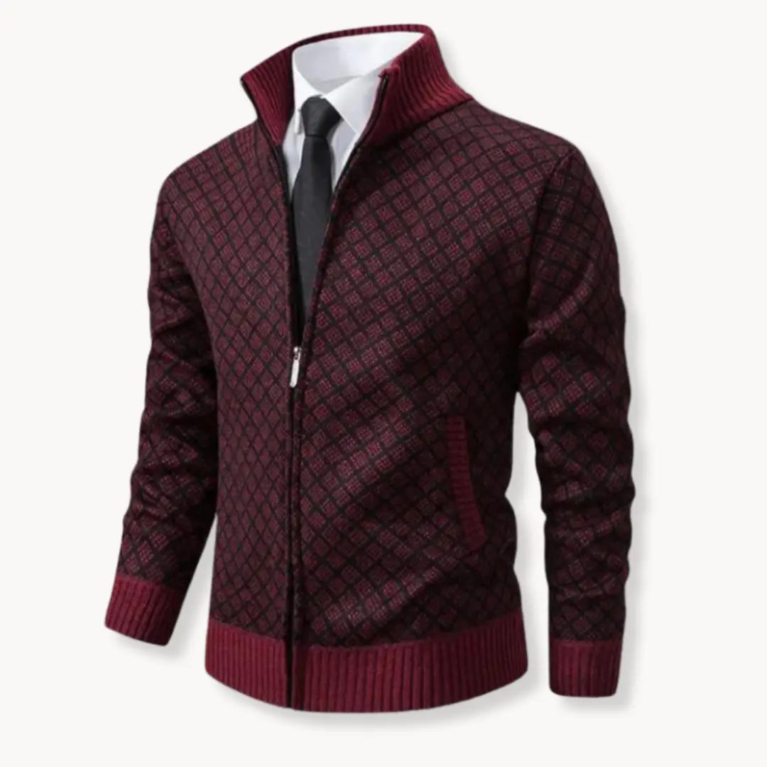 Close-up of mens cardigan sweater jacket with full zipper and stand collar