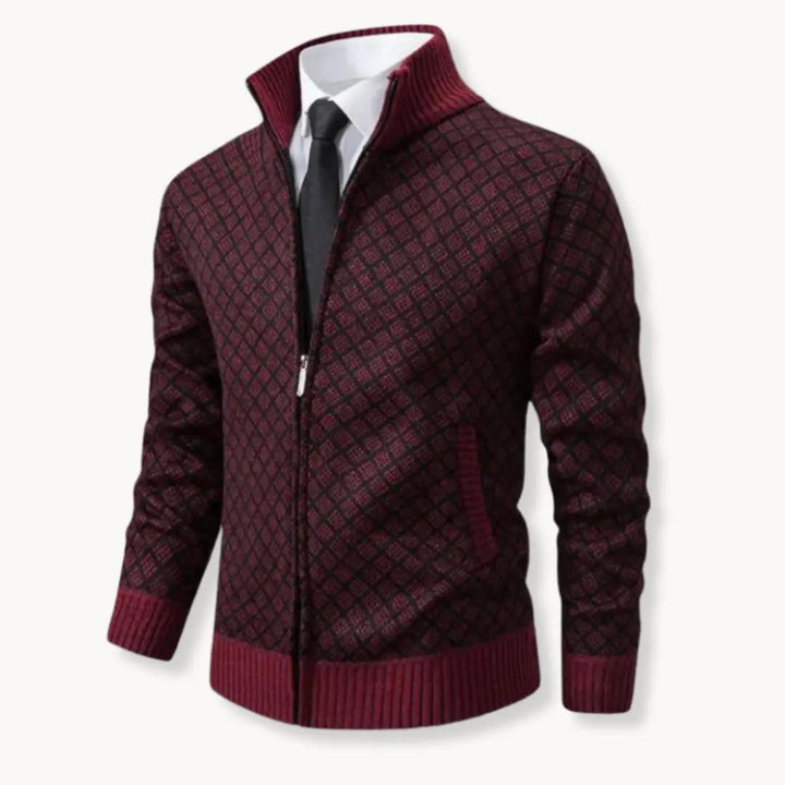 Close-up of mens cardigan sweater jacket with full zipper and stand collar
