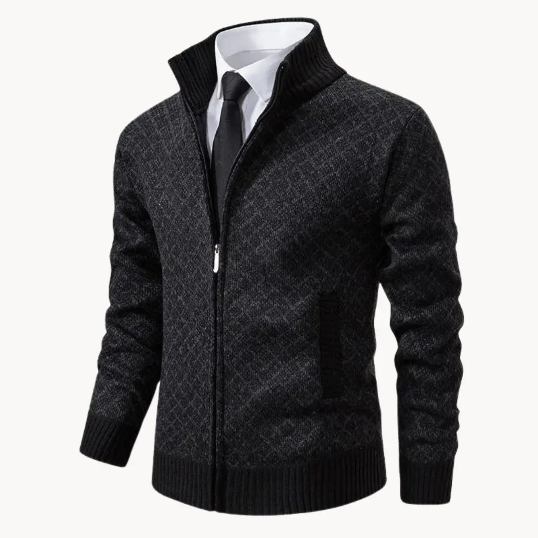 Men's full-zip stand collar sweater jacket in black textured knit