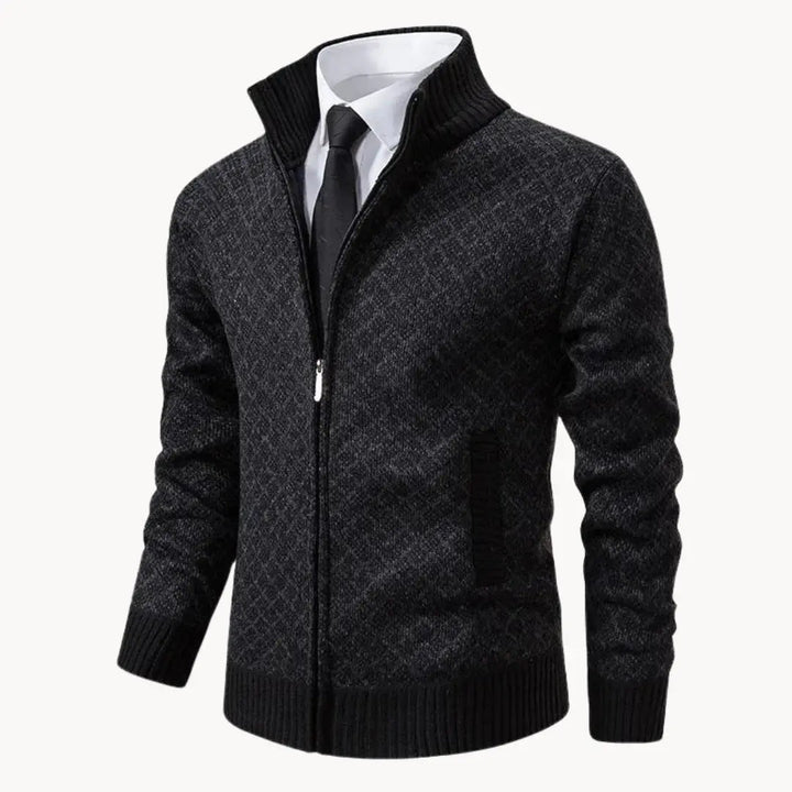 Men's full-zip stand collar sweater jacket in black textured knit