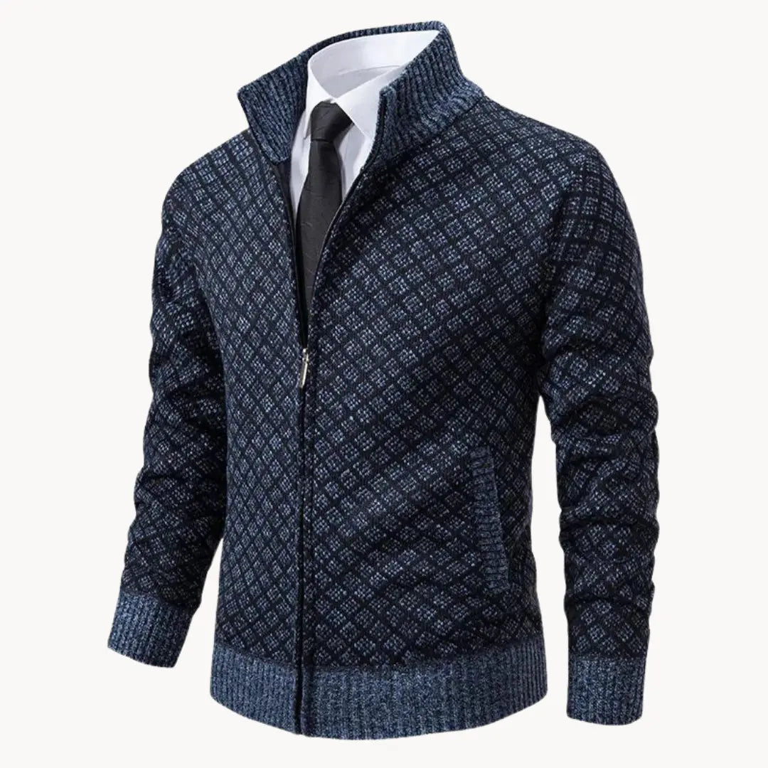 Men's full-zip stand collar sweater jacket in blue textured knit