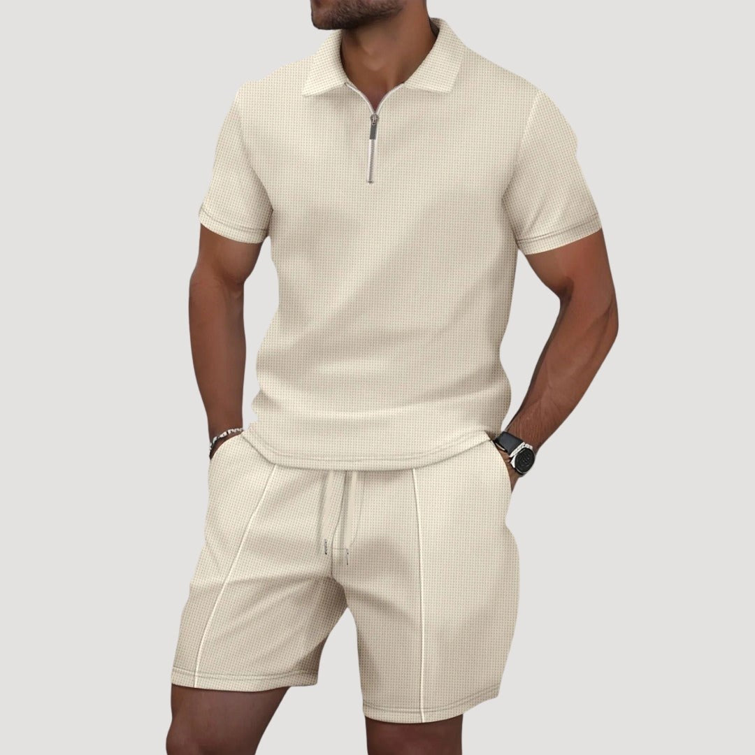 Man wearing beige textured polo and shorts two-piece set