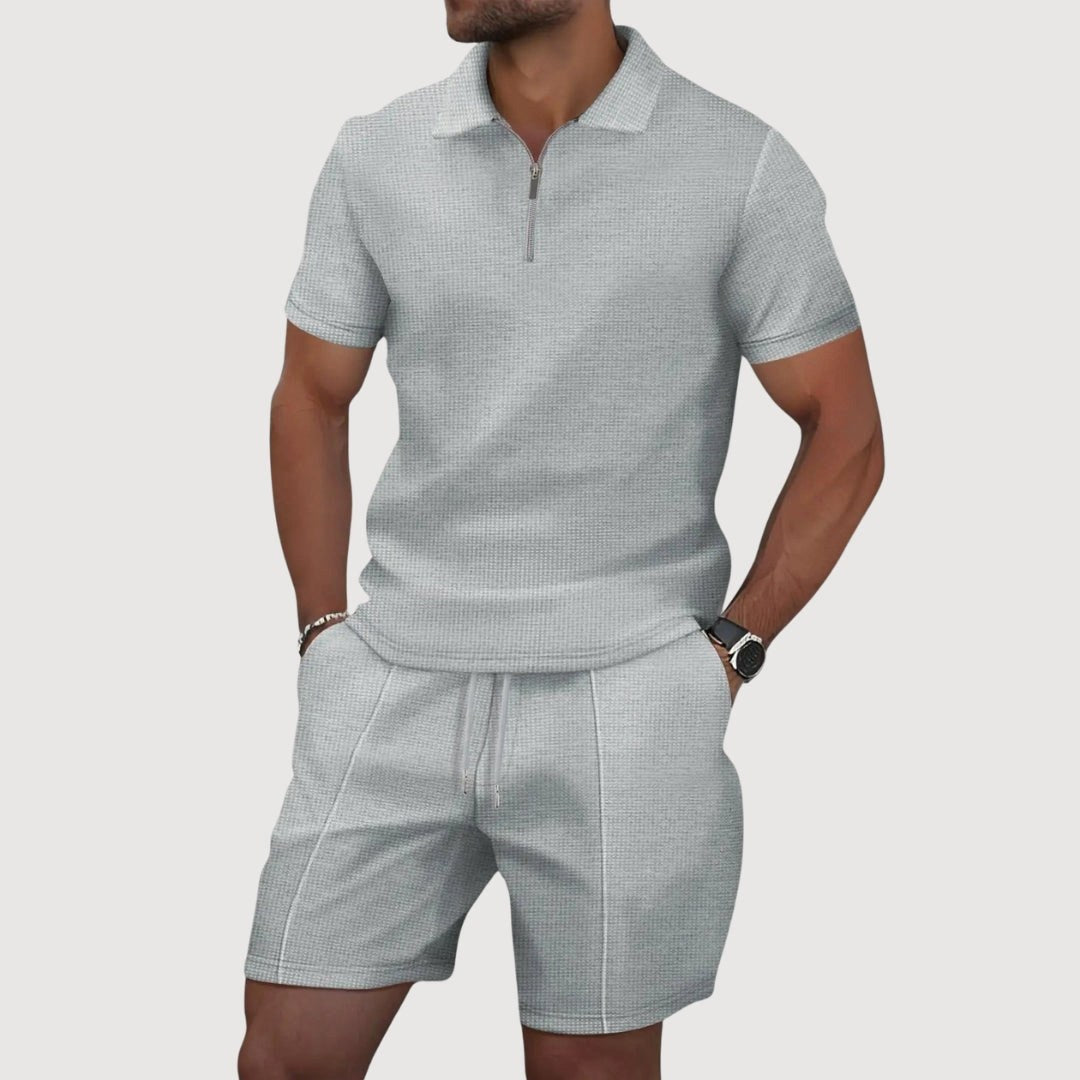 Mens textured polo shirt and matching casual shorts summer outfit
