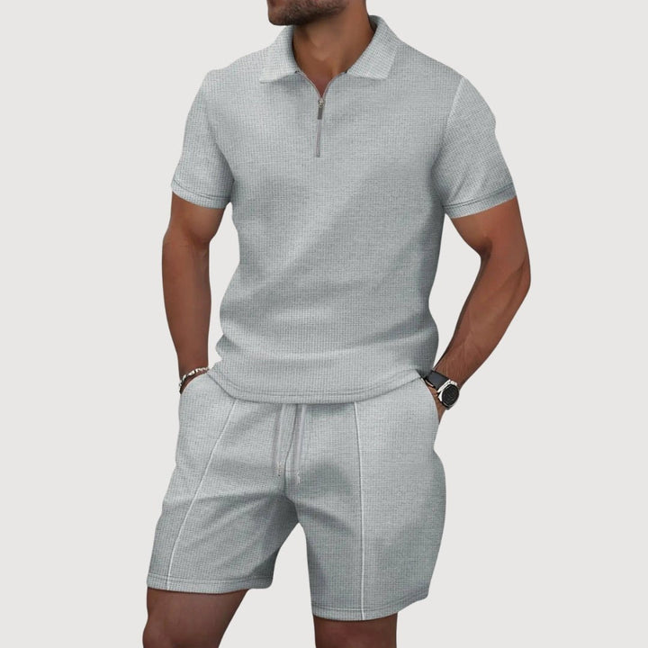 Mens textured polo shirt and matching casual shorts summer outfit