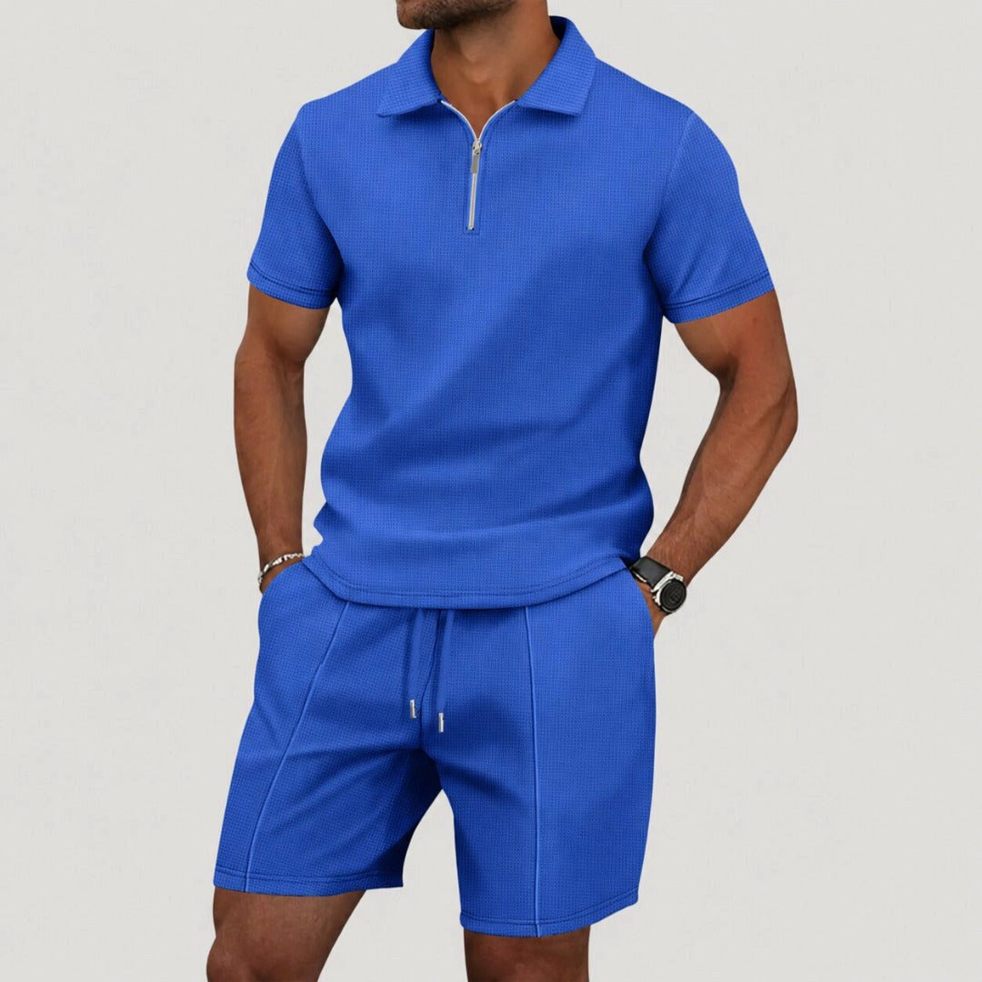 Mens streetwear two piece summer set featuring a textured polo and shorts