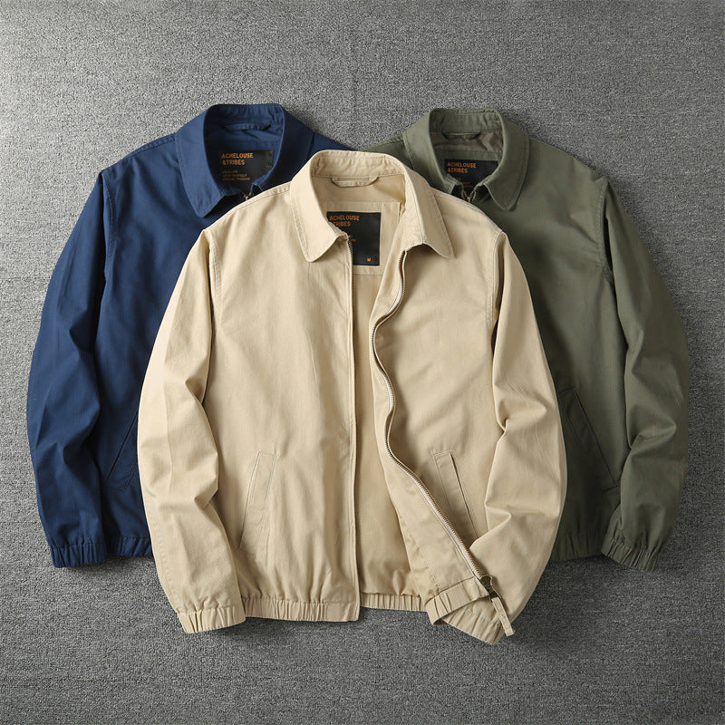 Classic beige casual zip jacket for men, ideal for spring layering and everyday outdoor wear.