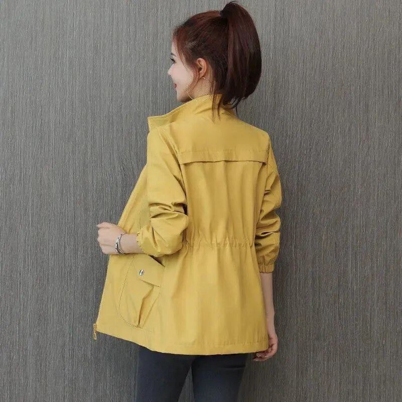 Womens lightweight utility jacket with drawstring waist and full sleeves
