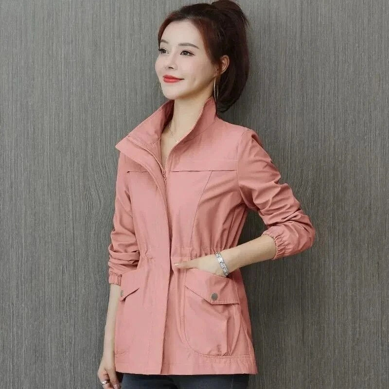 Casual khaki outerwear drawstring bomber jacket for women