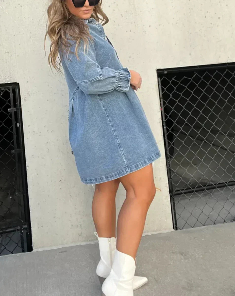 Casual pink long sleeve mini shirt dress with stylish ruffle details