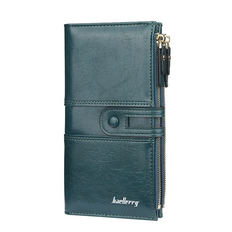 Dark green women's double zip wallet showing front snap closure and zipper pullers